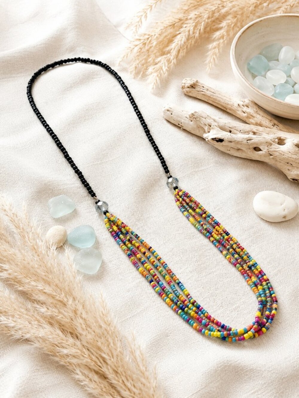 Handmade Boho Chic Rainbow Beaded Necklace | Multicolor Festival Vibes